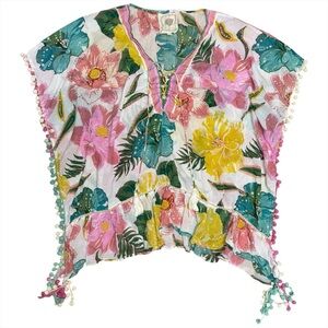 Z & L Europe Boho Hibiscus Floral Pom Cover up Dress Cotton OS Festival Beach